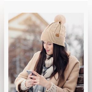 NWOT Cozy Beige Knit Pom-Pom Beanie